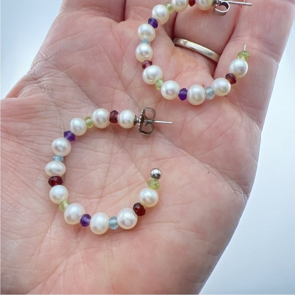 Honora “As Is” White Pearl & Multi-Gemstone 1-1/4” Hoop Earrings - Picture 14 of 14